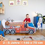 Alcube | Kinderbett Auto-Bett Feuerwehr | 140 x 70 cm | mit Rausfallschutz, Lattenrost und Matratze | MDF beschichtet