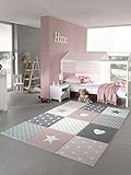 Kinderteppich Spielteppich Teppich Kinderzimmer Babyteppich mit Herz Stern in Rosa Weiss Grau Größe 160x230 cm