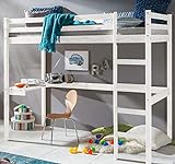 Kinderbett Hochbett DENNIS Etagenbett mit Schreibtisch massiver Kiefer 90x200 cm (Weiß)