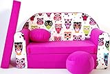 Kindersofa Bettfunktion 3in1 Sofa Kindersessel Ausziehbett Bett H17 pink Eulen