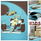 Kinderteppich Spielteppich mit Coolen Rennwagen in Hellblau / Braun | Teppich mit Auto Motiv für Jungen | Kids Teppiche für Jungs fürs Kinderzimmer Jungenzimmer & Spielzimmer, Farbe:Blau;Größe:160x225 cm