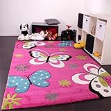 Kinder Teppich Schmetterling Design Grün Grau Schwarz Creme Pink, Grösse:80×150 cm - 2