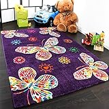 Moderner Kinder Teppich Butterfly Schmetterling Design in Lila Top Qualität, Grösse:120x170 cm