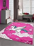 Kinderteppich Spielteppich Kinderzimmer Teppich Einhorn Design mit Konturenschnitt Pink Creme Türkis Größe 140x200 cm