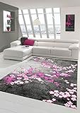 Designer Teppich Moderner Teppich Wohnzimmer Teppich Blumenmuster Grau Lila Pink Weiss Rosa Größe 60x110 cm