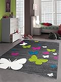 Kinderteppich Spielteppich Kinderzimmer Teppich Schmetterling Design mit Konturenschnitt Grau Pink Türkis Grün Creme Größe 160x230 cm